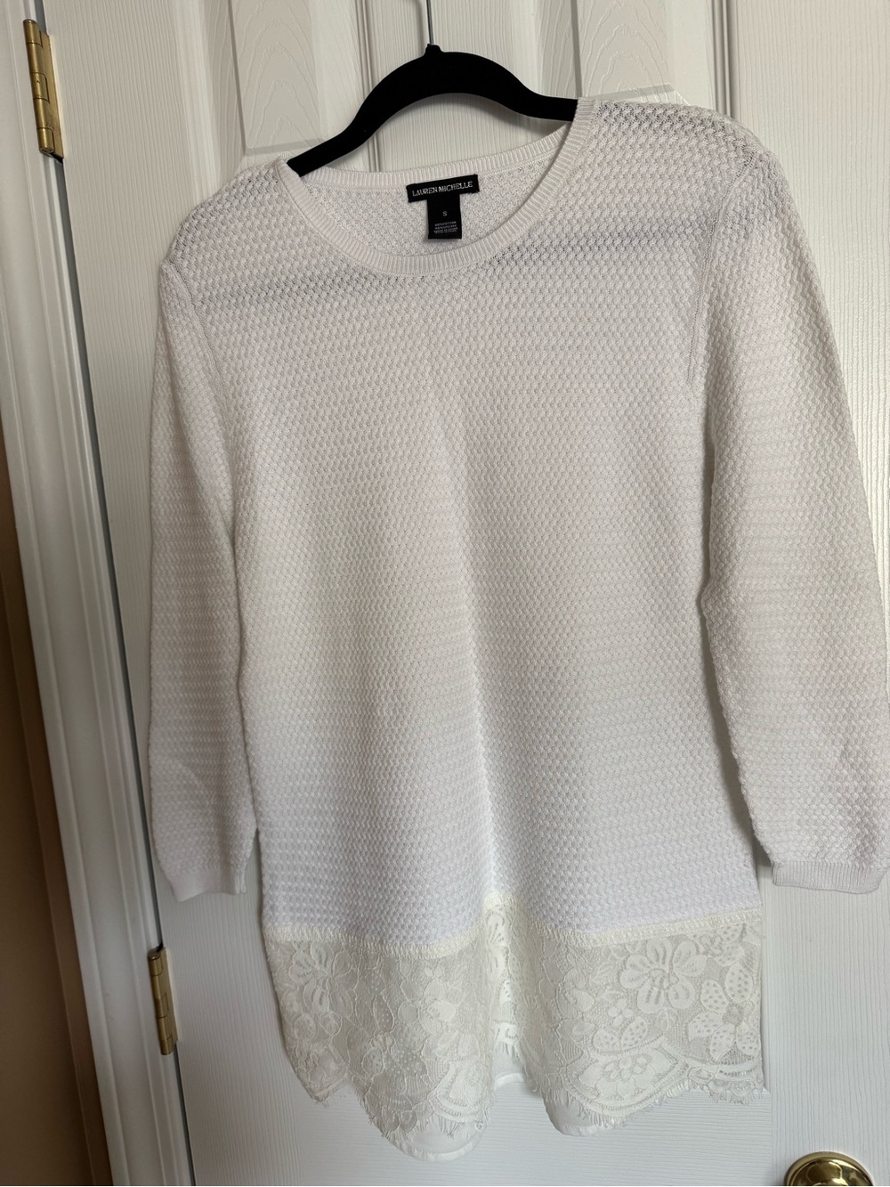 Lauren Michelle White Textured Crewneck Sweater with Lace Hem